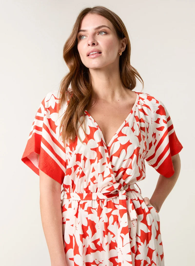 Blue Vanilla  Tropical Print Wrap Belted Waist Jumpsuit for Women | Best Price UAE